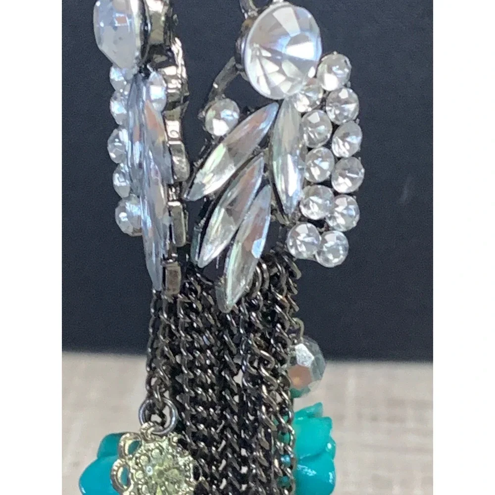 Gunmetal Crystal Tassel Earrings Turquoise Rose Multi Chain Dangle 3785